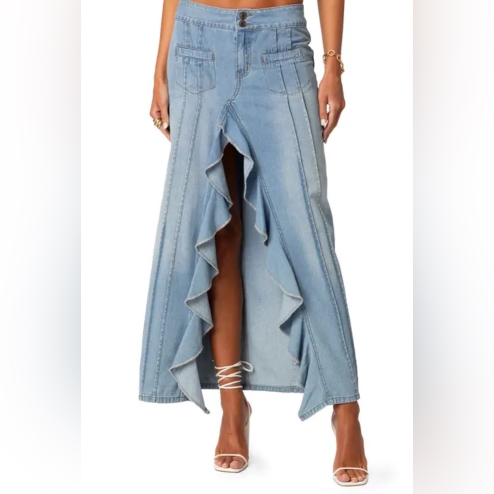 Edikted Women's Valencia Ruffle Slitted Denim Maxi Skirt- medium